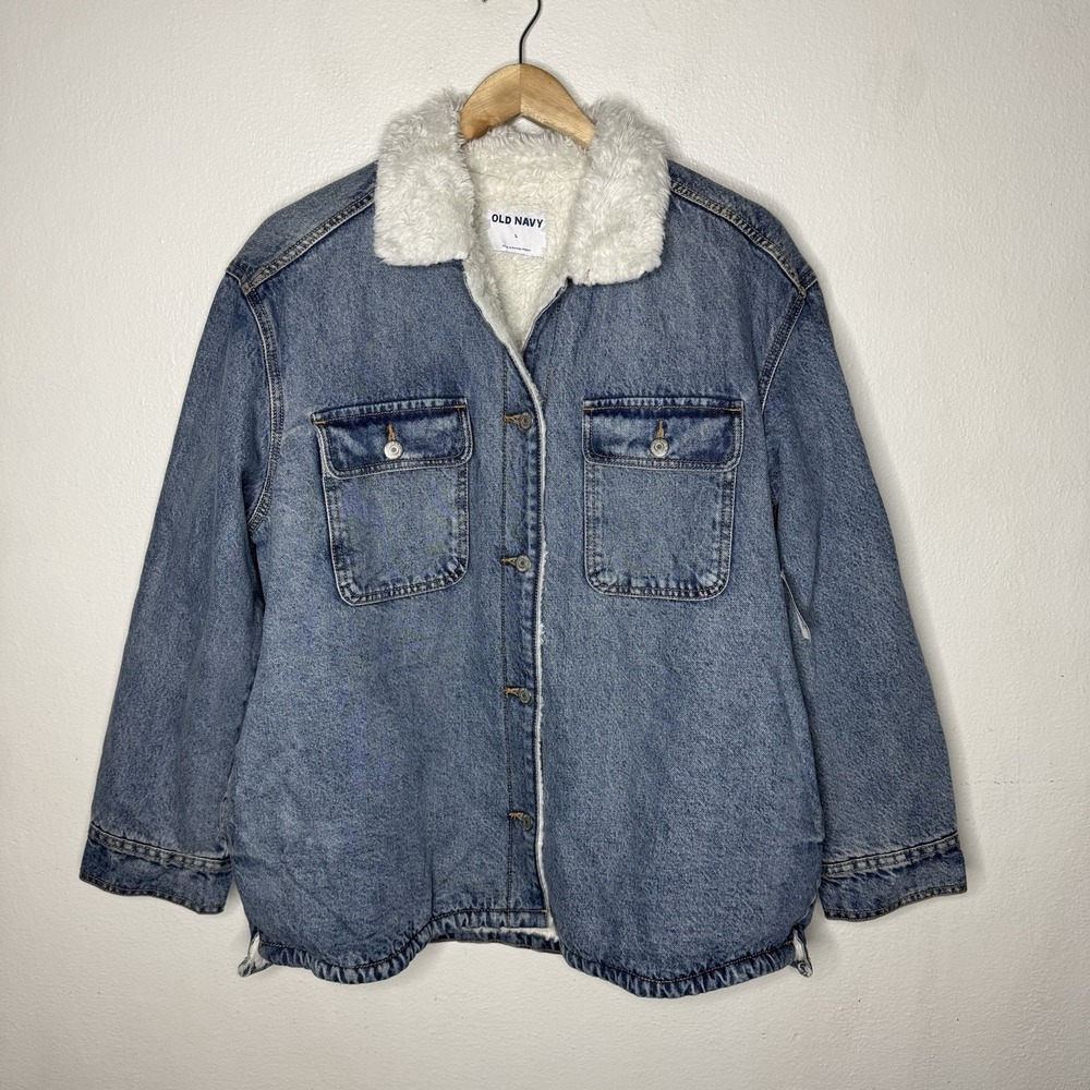 New Old Navy Light Wash Sherpa Lined Denim Jacket Womens Large Western‎ Cotton